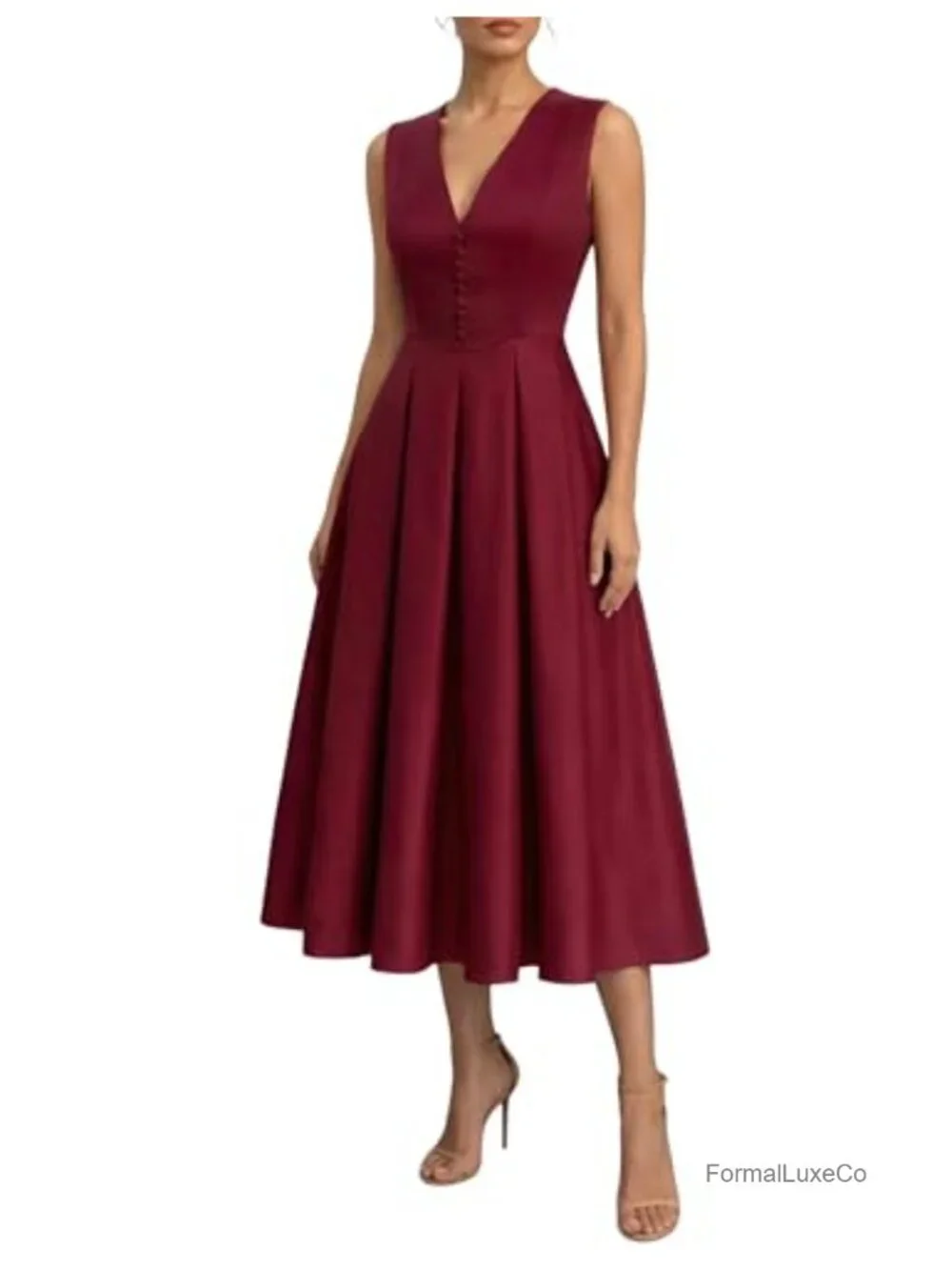 Satin Sleeveless V Neck Midi Dress Button Front Placket